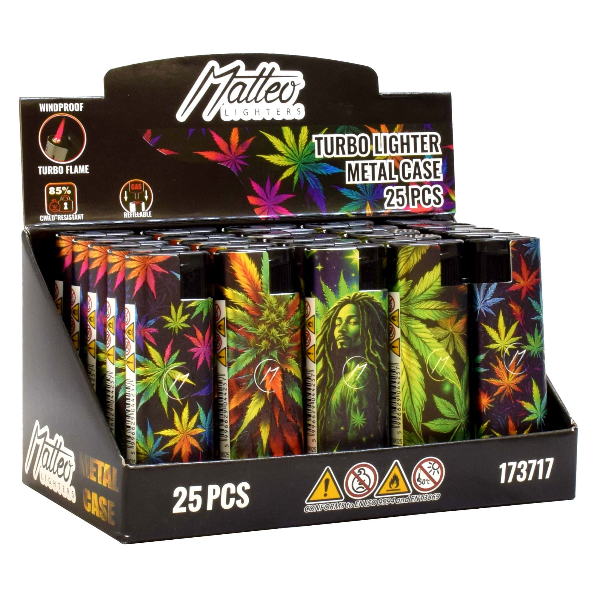 Matteo Metal Case JetFlame Navulbare Turbo Aanstekers - Neon Rasta Cannabis - 3D print - Display 25 stuks