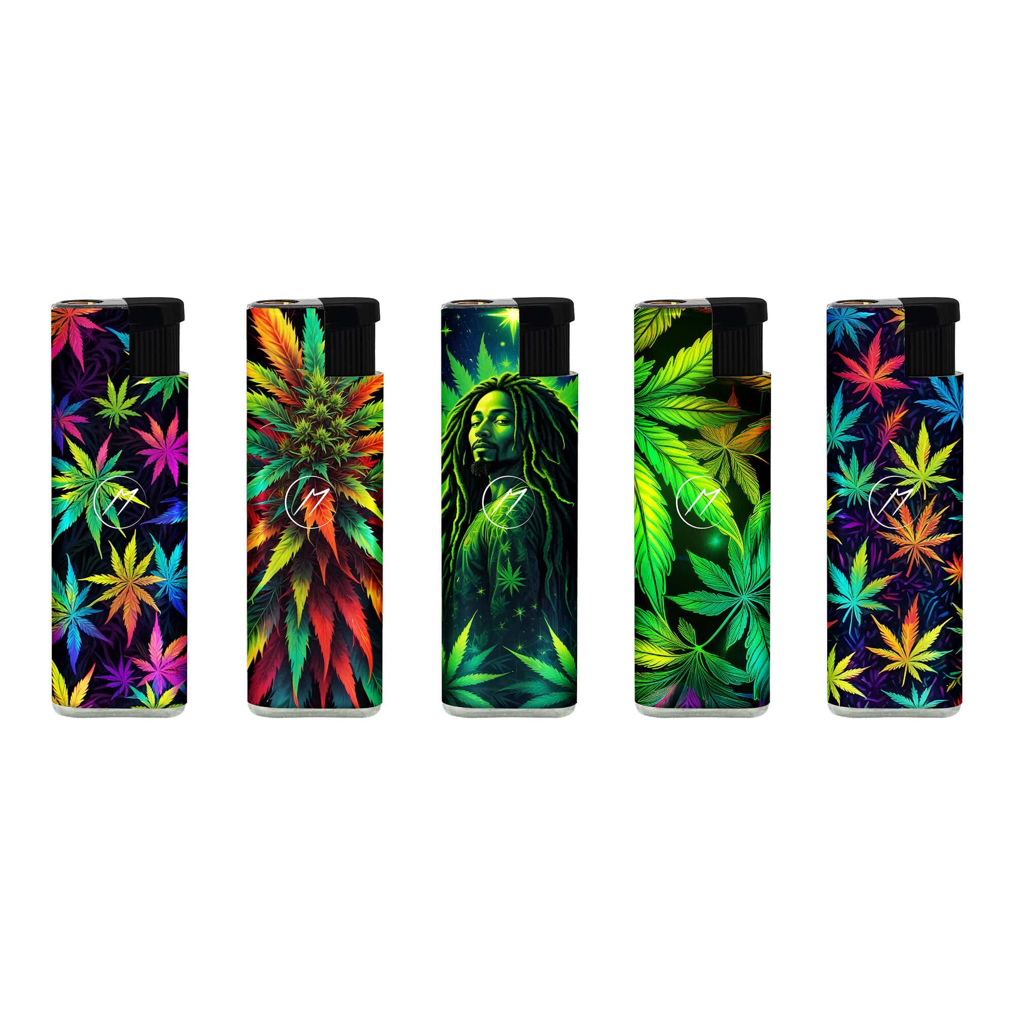 Matteo Metal Case JetFlame Navulbare Turbo Aanstekers "Neon Rasta Cannabis" 3D Print - 5 stuks