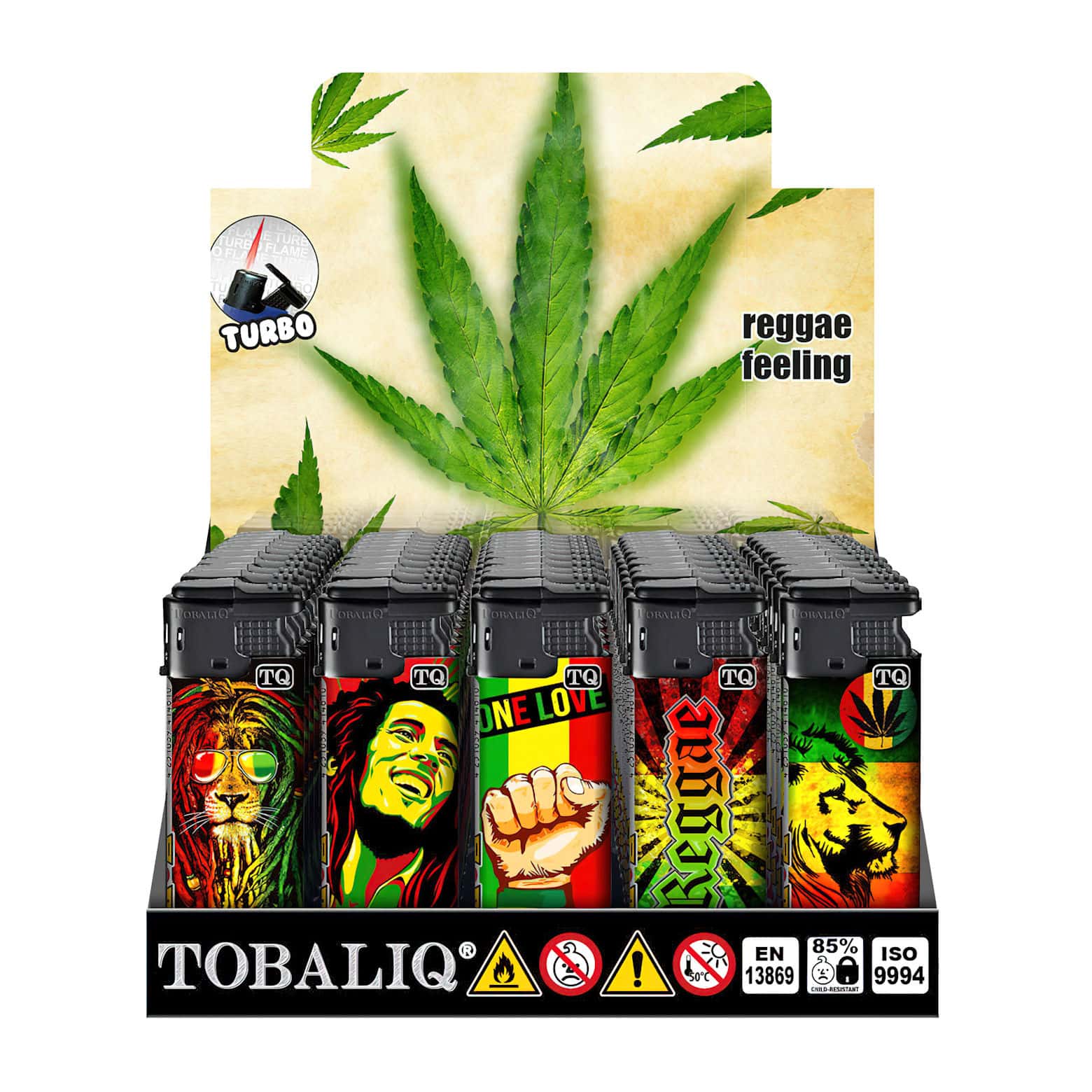 TobaliQ Elektronische Navulbare Turbo aanstekers 'Reggae Feeling' Display (50 stuks)