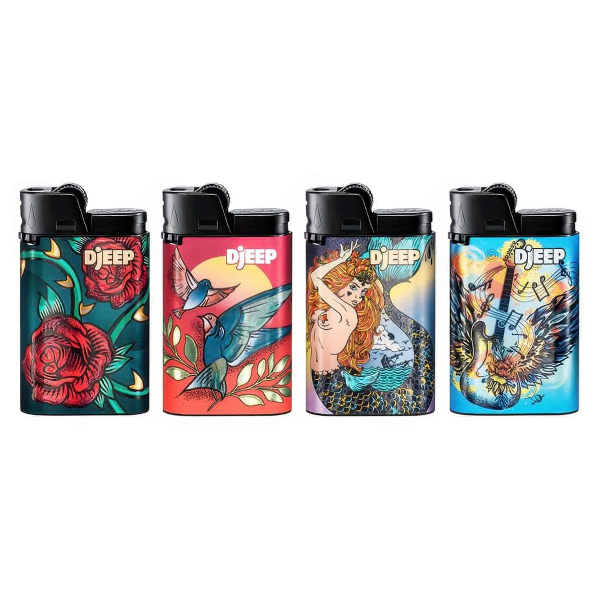 Djeep D1 Aanstekers - tot 3.500 vlammetjes - Tattoo Spirit - Set van 4 stuks