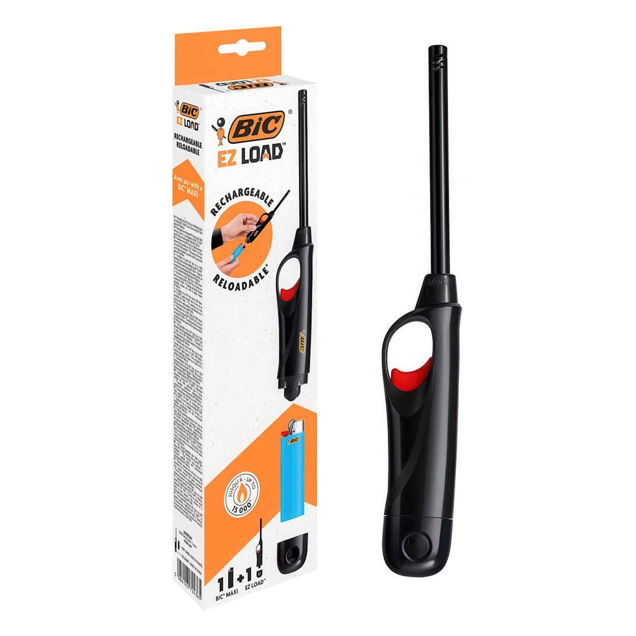 BIC EZ Load - Navulbare multifunctionele aansteker met lange hals - Geschikt voor BBQ en kaarsen - Kindveilig - Verpakking van 1 EZ Load & 1 BIC Maxi aansteker