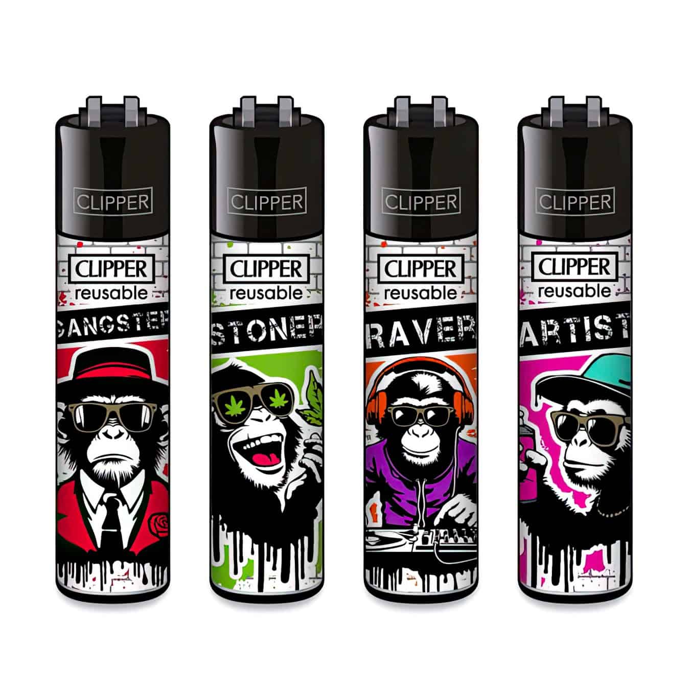 Clipper Classic Large Aanstekers "Urban Chimps" (4 Stuks)